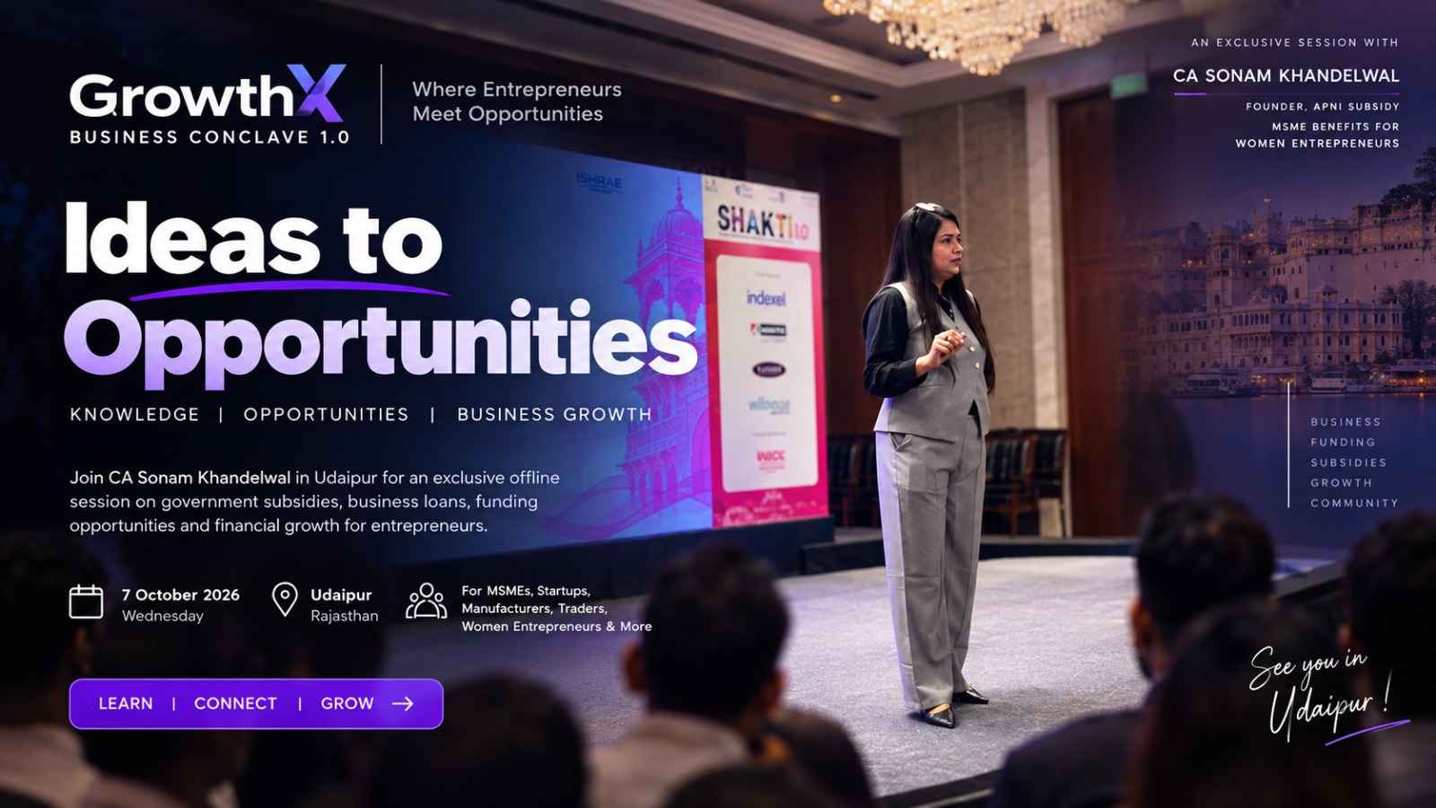 GrowthX Business Conclave poster with CA Sonam Khandelwal speaking in Udaipur